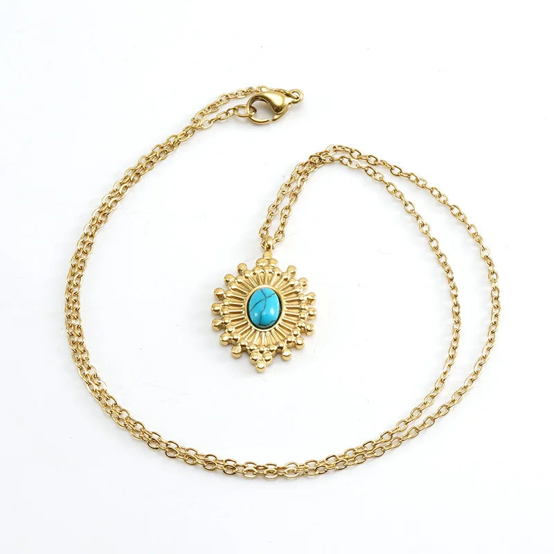 New Fashion Boho Circle Shape Titanium Steel Turquoise Necklaces Gold for Women Natural Stone Fashion Jewelry Necklace