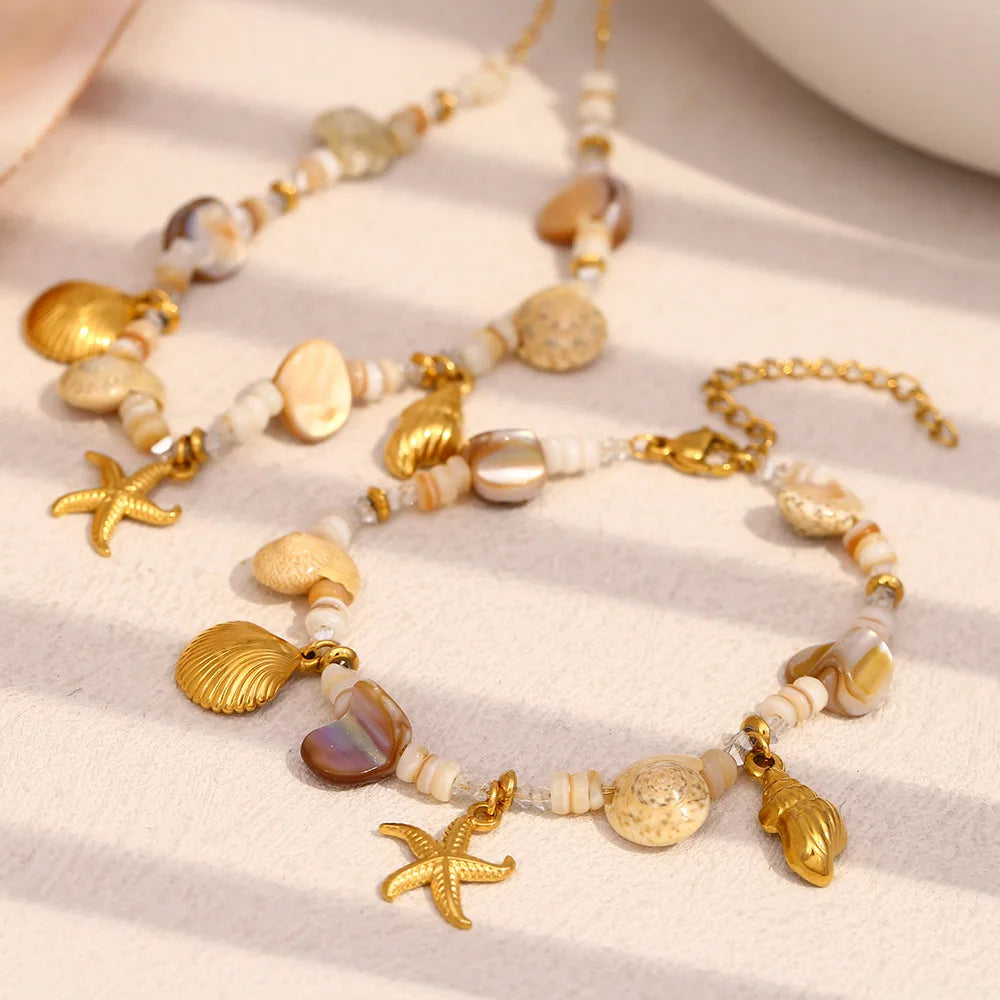 18K Gold Plated Stainless Steel Retro High-End Bracelet Fashionable Ocean Series Pendant Necklace for Anniversaries