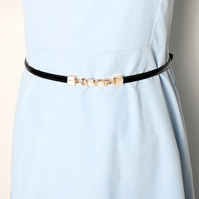 Casual Style Simple Versatile PU Leather Belt Pearl Thin Belt with Skirt and Shirt Alloy Buckle