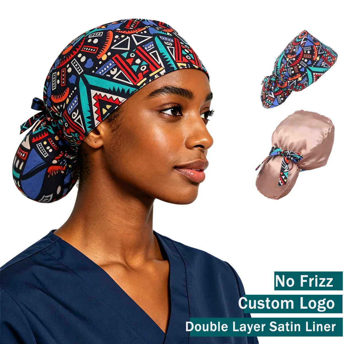 RTS Printing Hair Care Cap Double Layer Satin Lined Wide Half Elastic Band Nurse Scrub Reversible Surgical Caps With Silk Ribbon