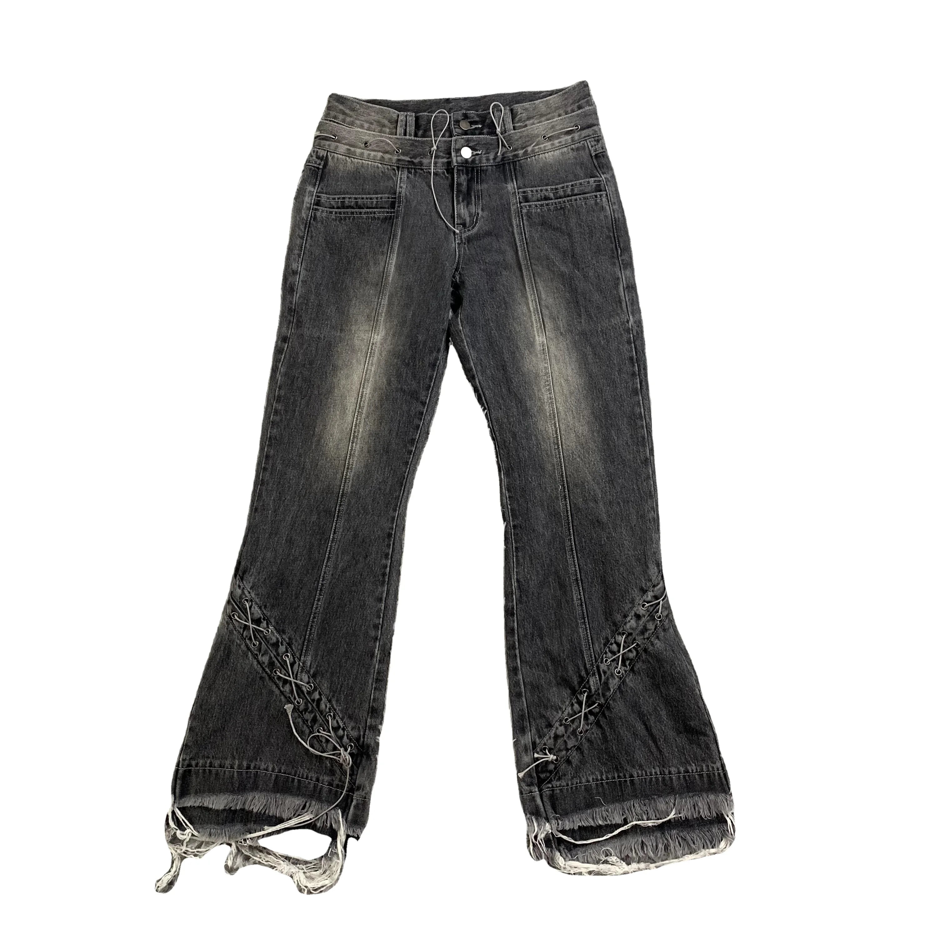 DENIMGUYS Customized Eyelet Rope European American Personalized High Street Fashion Y2k Men Vintage Flared Jeans