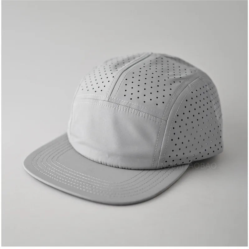 Custom 5 Panel Nylon Camp Cap Laser Cut Perforated Custom Nylon 5 Panel Running Hat Custom Logo Camping Cap