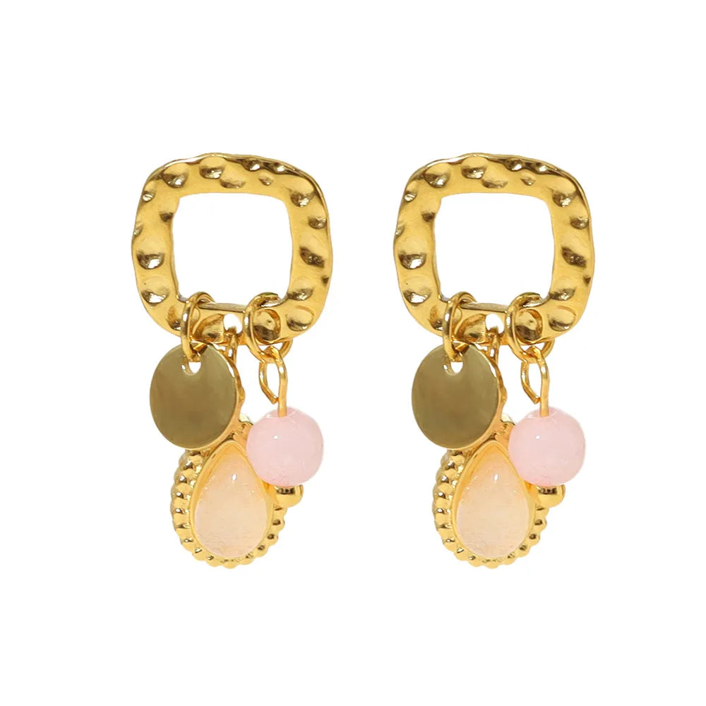 Hot Selling Stainless Steel Hammered Texture Natural Stone Pendant Earrings