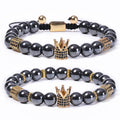 100% Handmade Hematite Energy Stone Beads Couple Woven Bracelet Natural Healing Crystal Gold Copper Crown Jewelry for Women Men