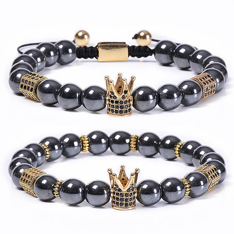 100% Handmade Hematite Energy Stone Beads Couple Woven Bracelet Natural Healing Crystal Gold Copper Crown Jewelry for Women Men
