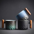 Japanese Style Small Size Ceramic Gradient Glaze Tea Cup 70ml Mini Coffee Cup With Wooden Handle