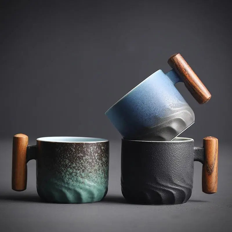 Japanese Style Small Size Ceramic Gradient Glaze Tea Cup 70ml Mini Coffee Cup With Wooden Handle