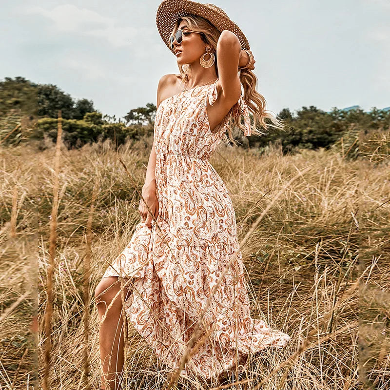 Clothes Manufacturer Wholesale  Print Floral  Bohemian Dress Slant Shoulder Casual Dresses for Women