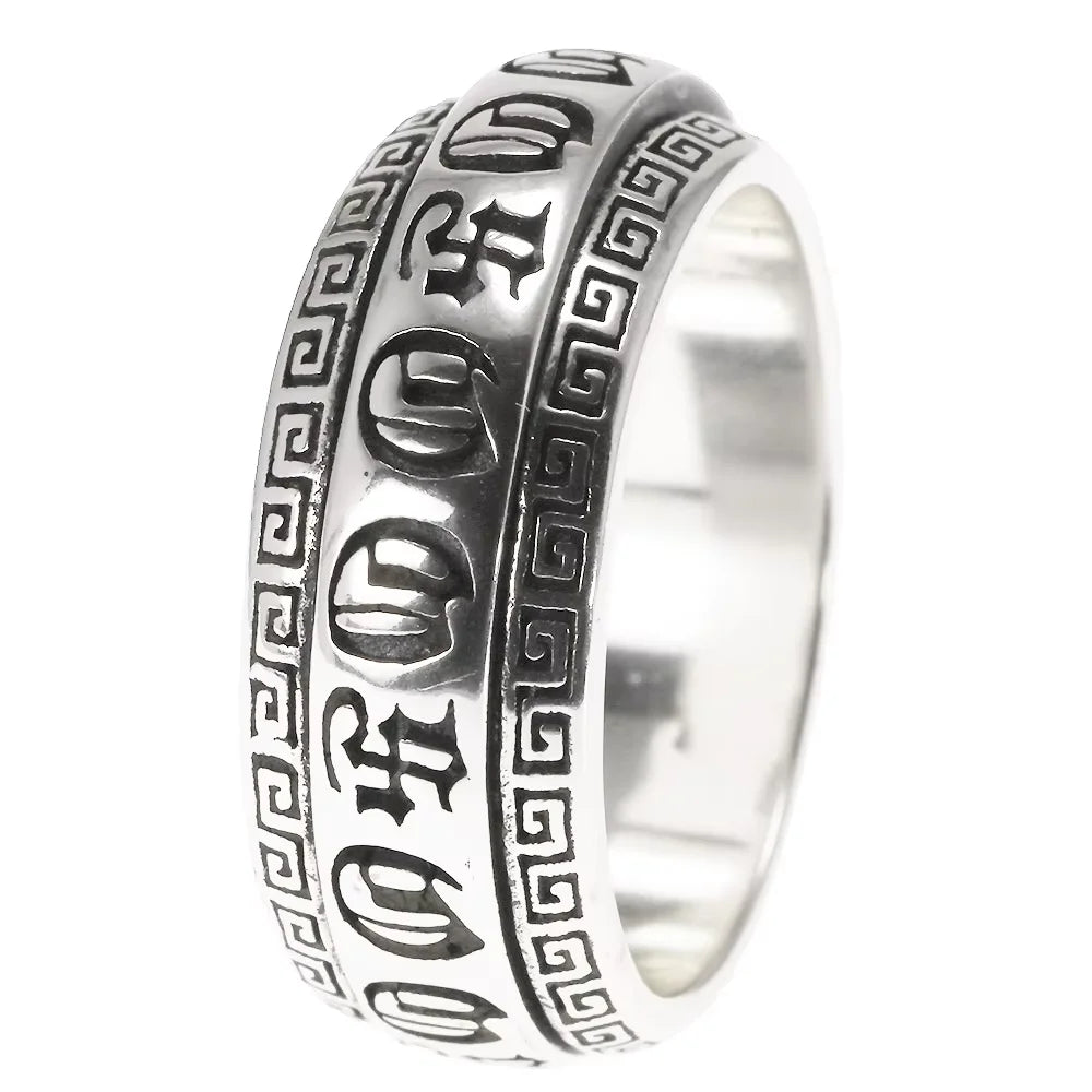 Real 925 Sterling Silver Rings Retro Rotatable Shifting Lucky Tibetan Six Words Om Mani Padme Hum Buddha Ring for Men and Women