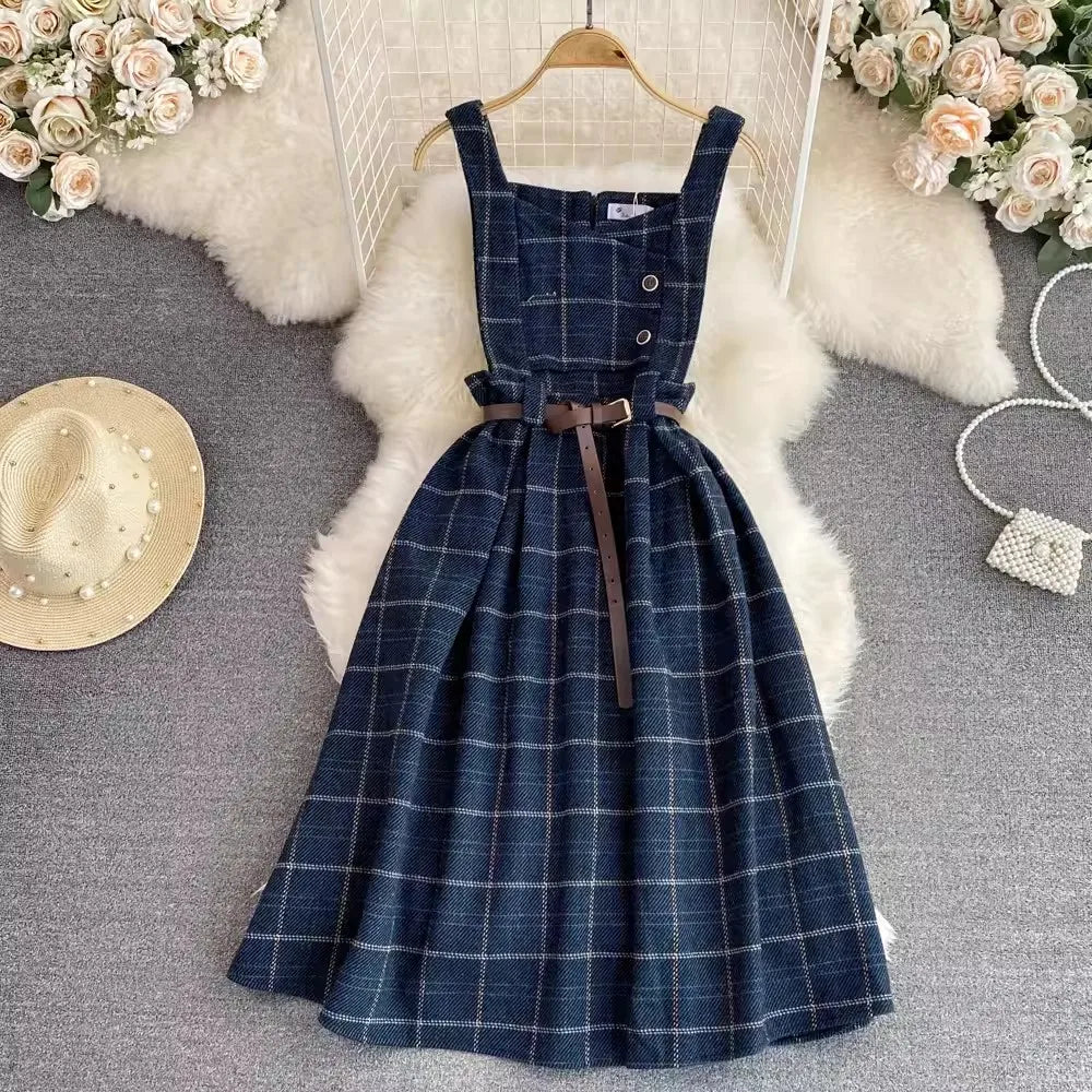 S-XL Checkered Strap Dress Autumn and Winter Retro Waist Length Sleeveless A-line Vest Dress