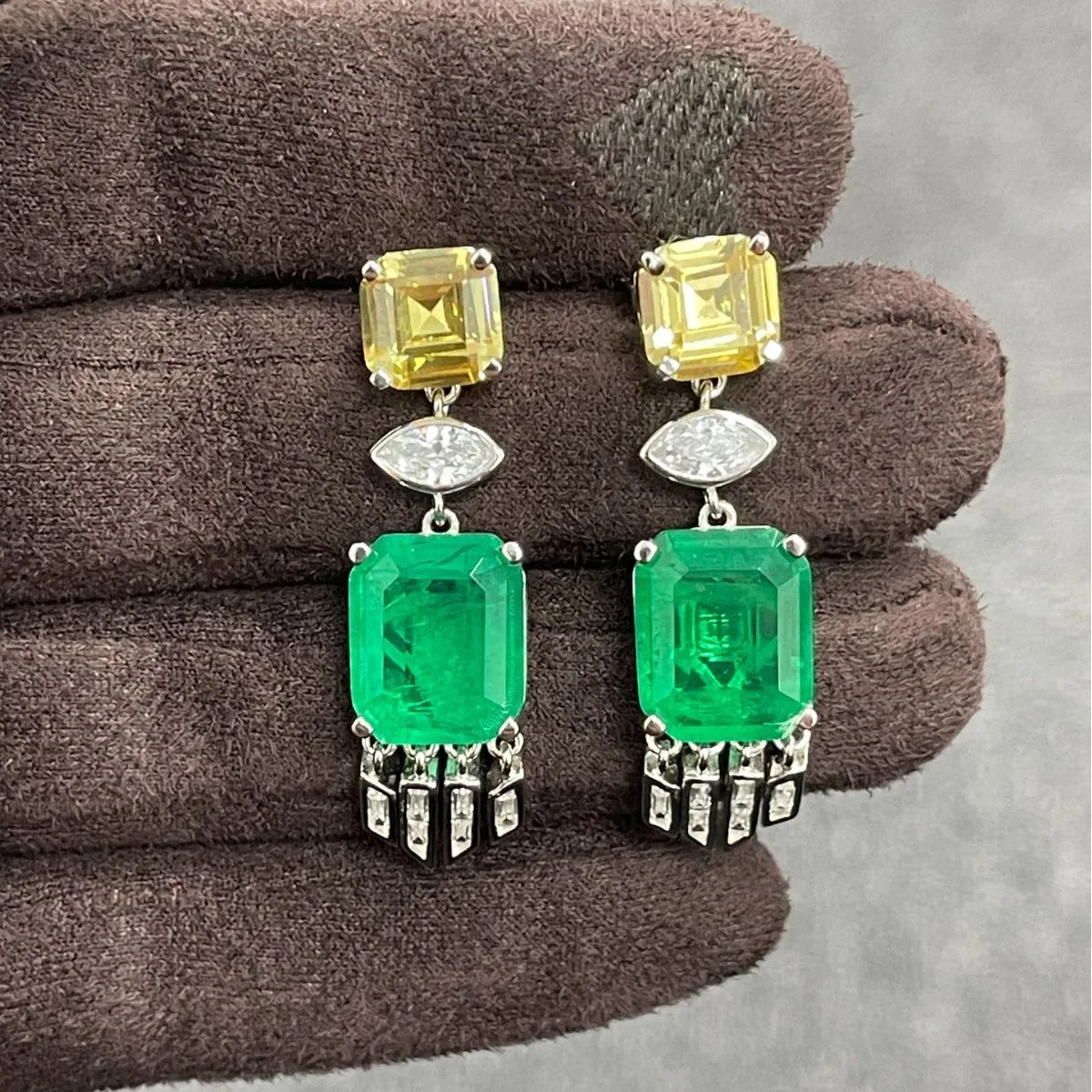 Hot Sale Synthetic Green Emerald Tassel Earrings 925 Silver Inlaid Asscher Cut Yellow Zirconia Drop Earrings