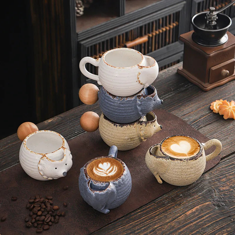 250ml Creative Ceramic Animal-Design Tea Cup Wood Handle High Value Stoneware Mug Featuring Vintage Elephant Hedgehog High