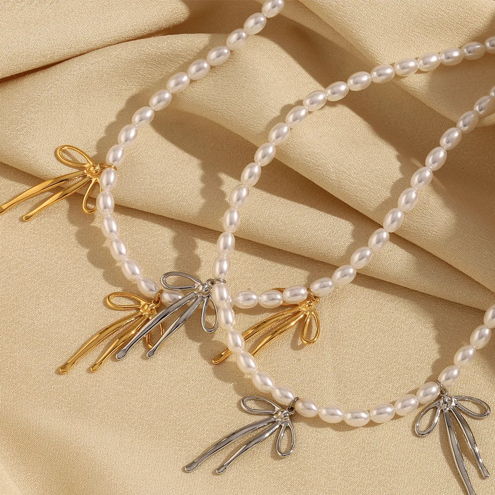 New Design Imitation Pearl Bead Jewelry 18k PVD Gold Plated Stainless Steel Bow Charm Necklace for Women Summer Gift Party