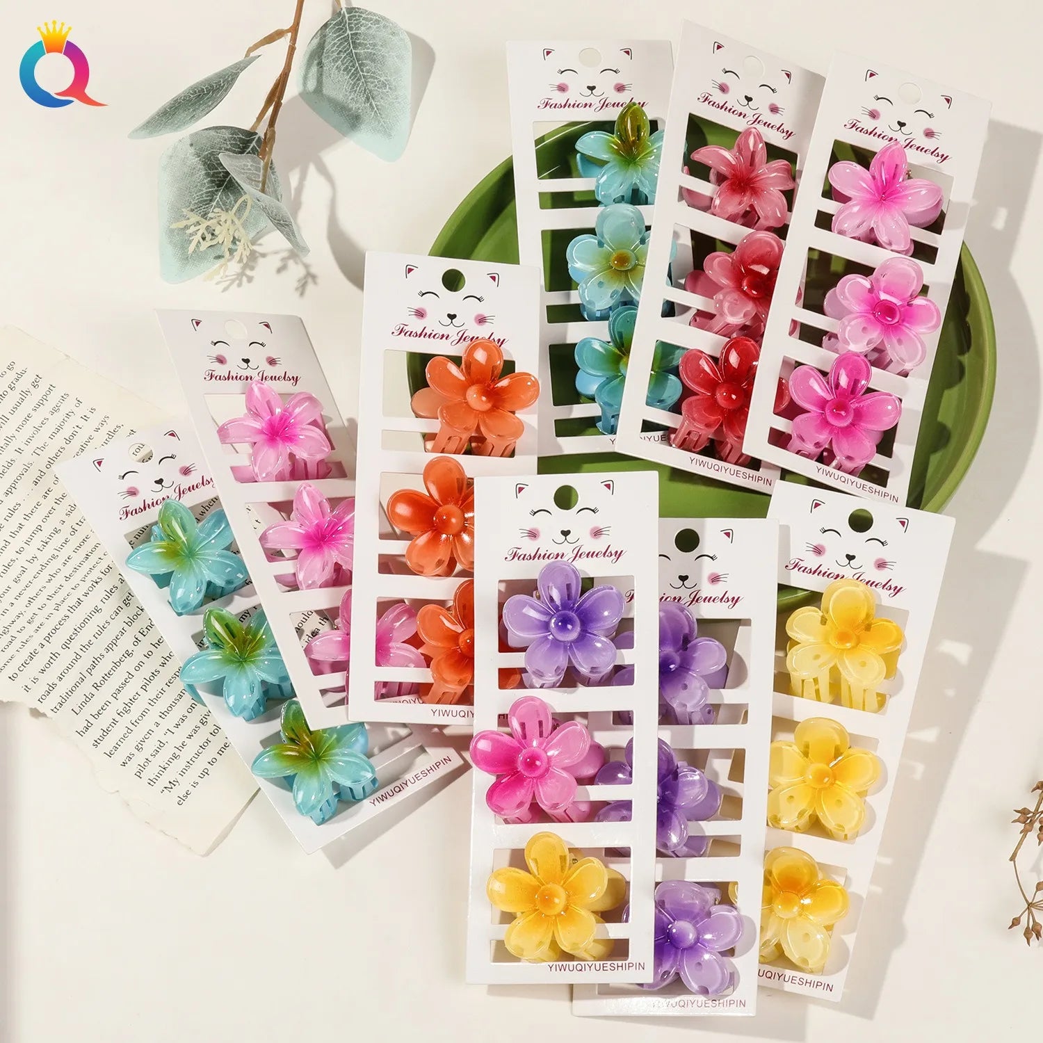 QIYUE Gradient Color Flowers Three-Piece Hair Clips Cute Small Plumeria Hair Clips Women's Hair Accessories
