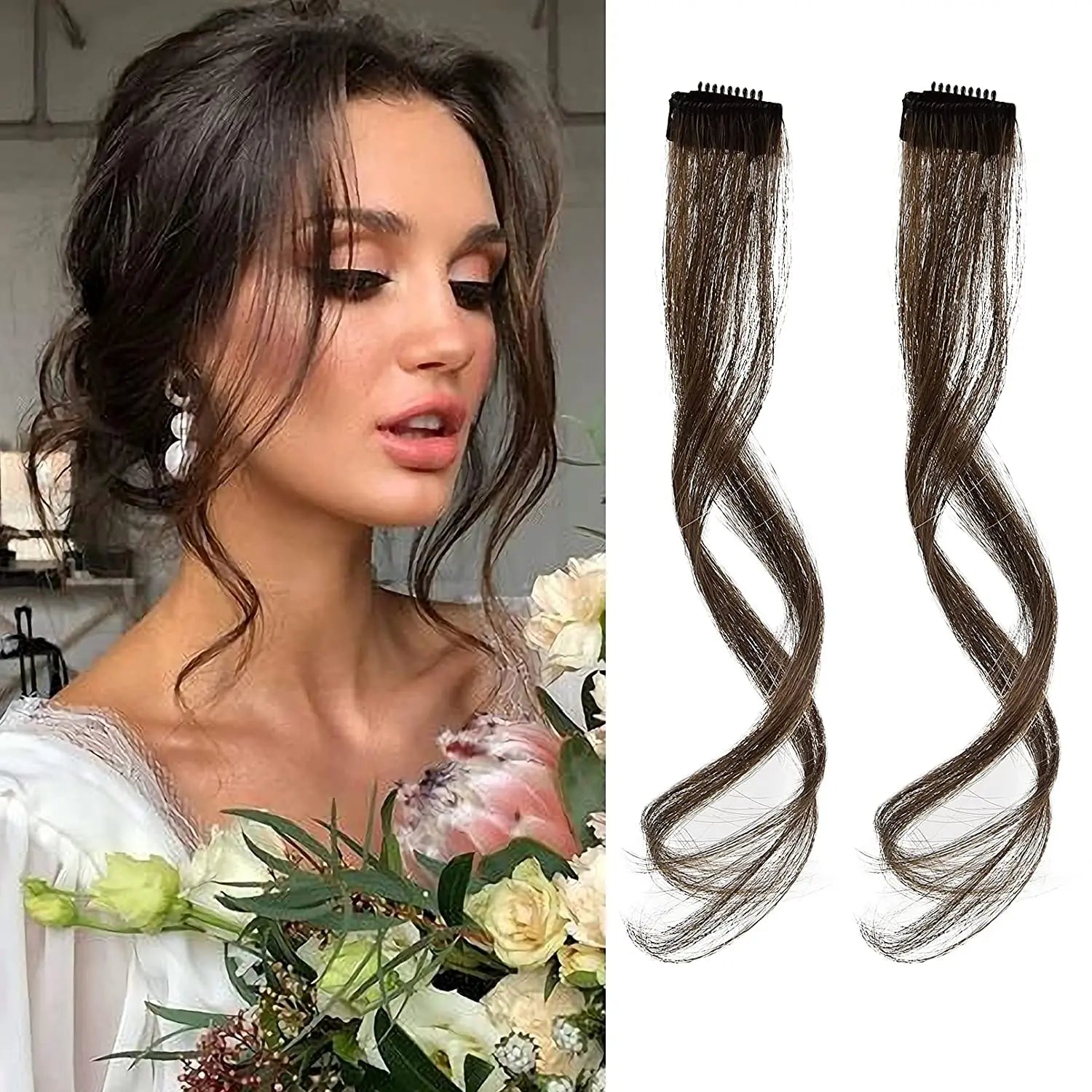 FUJIA  Long Side Air Bangs Wavy Curly Clip in Bangs Front Side Bangs for Women Daily Use 2 PCS Set Long Temples-Medium Brown Wi