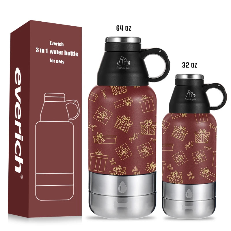 In Stock 32oz 64oz Double Wall Stainless Steel Dog Water Bottle with 2 Bowls Pet Feeder for Outdoor Travel