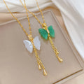 Delicate 18k Gold Plated Green White Butterfly Necklace 316L Stainless Steel Jade Butterfly Necklace for Women