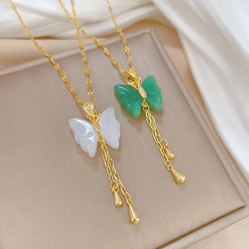 Delicate 18k Gold Plated Green White Butterfly Necklace 316L Stainless Steel Jade Butterfly Necklace for Women