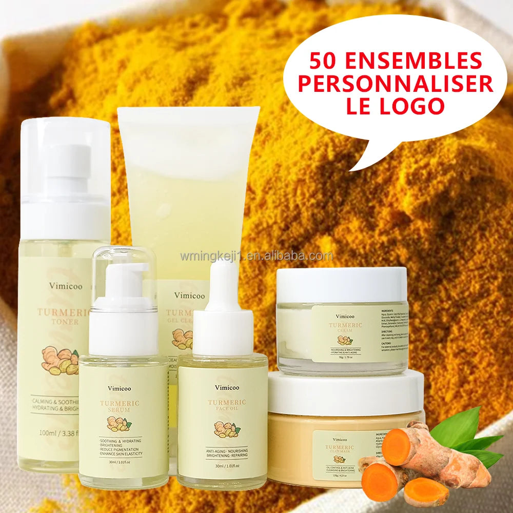 Private Label Tumeric Face Skin Care Kit Products for Women Brightening Moisturizing Facial Vitamin C Organic Skincare Set