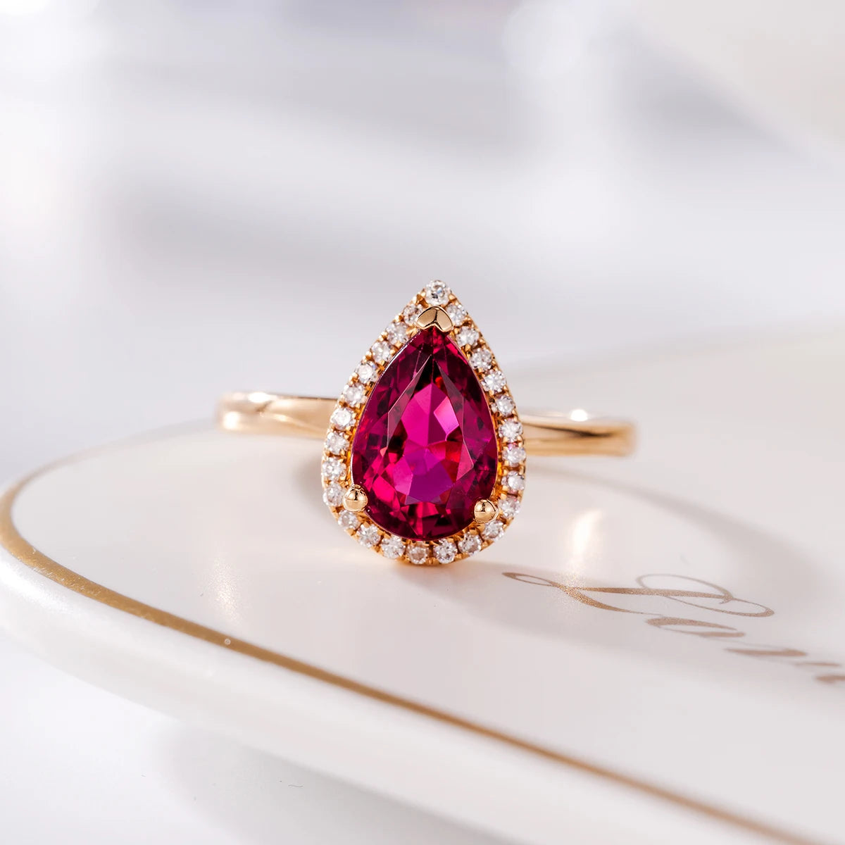 New Arrival Natural Tourmaline White Diamond 18k Real Gold Ring