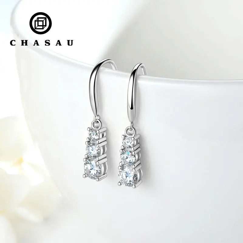 925 Sterling Silver Round Cut 5mm&4mm&3mm Moissanite Ladies Dangle Hook Stud Earrings