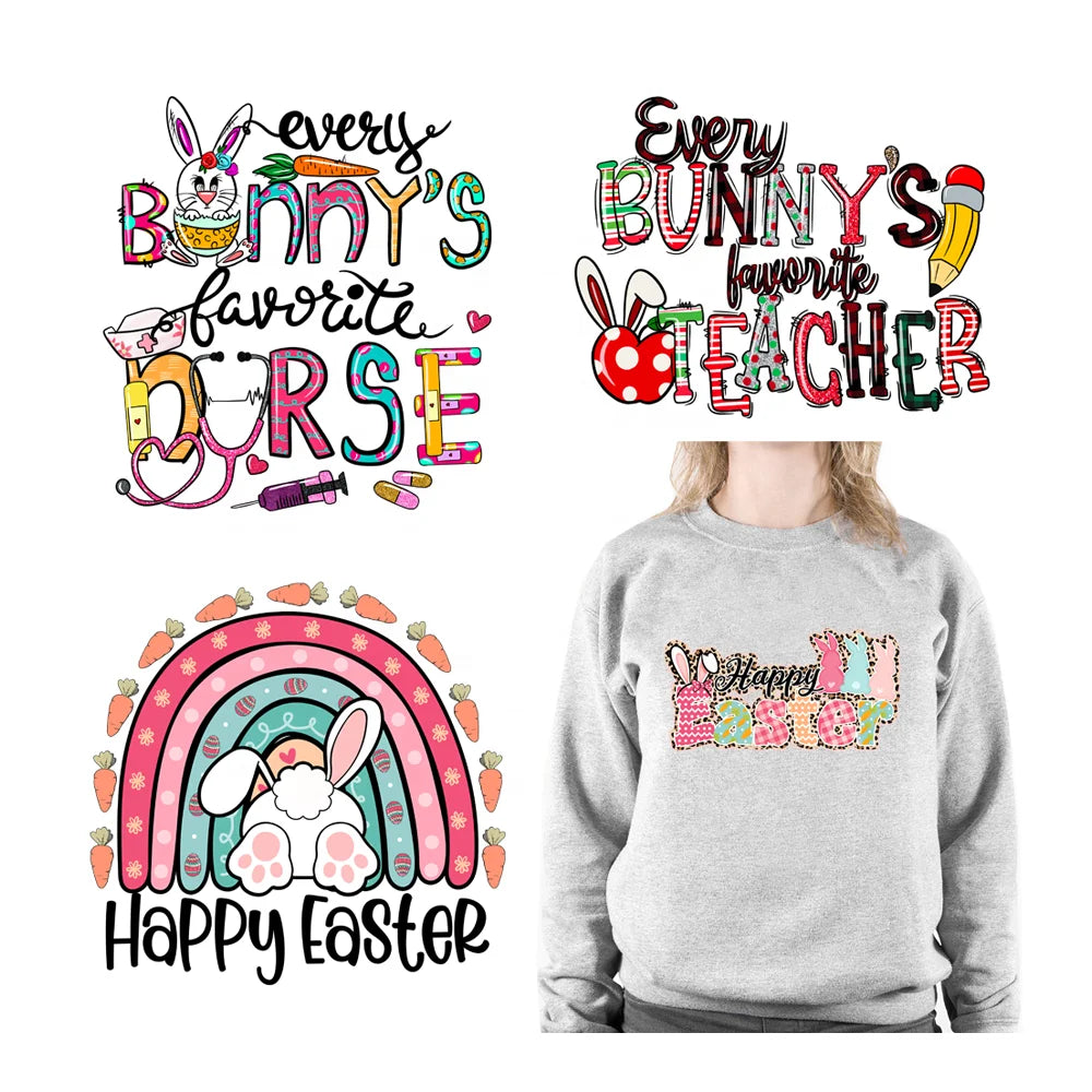 Hot Sale Custom Easter Bunny Rabbit Design DTF Sticker Easter Rainbow Transfers Printing for T-shirt Clothing