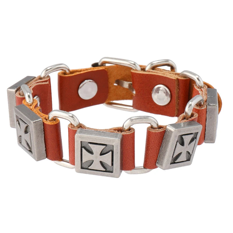 Men's Punk Rock Metal Cross Bangle Genuine Leather Fashion Bracelet with Accessories Jewelry