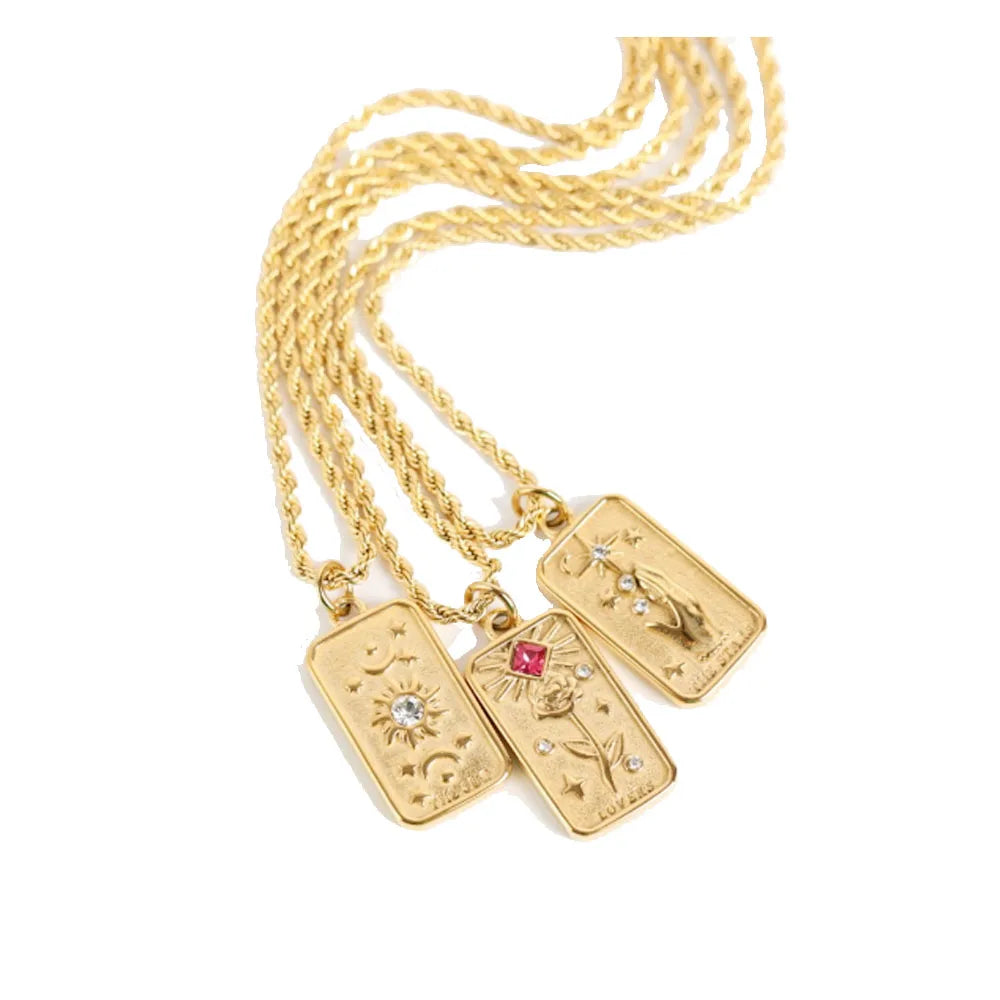 Fashion Titanium Stainless Steel Gold Plated Flower Zodiac Tarot Card Engraving Pendant Necklaces Necklace Jewelry