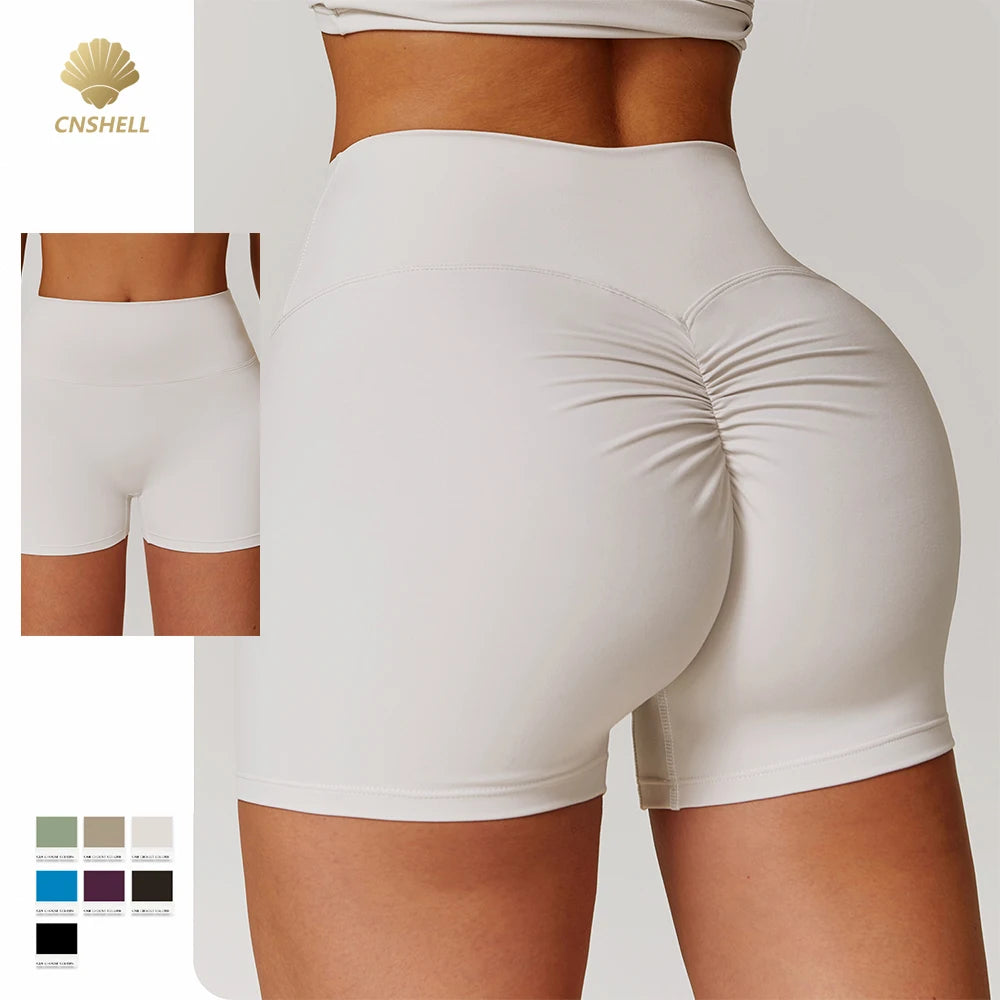 CNSHELL Custom Logo Nylon Brushed Tight High Waist Basic Scrunch Butt Yoga Workout Gym Fitness Sports Shorts