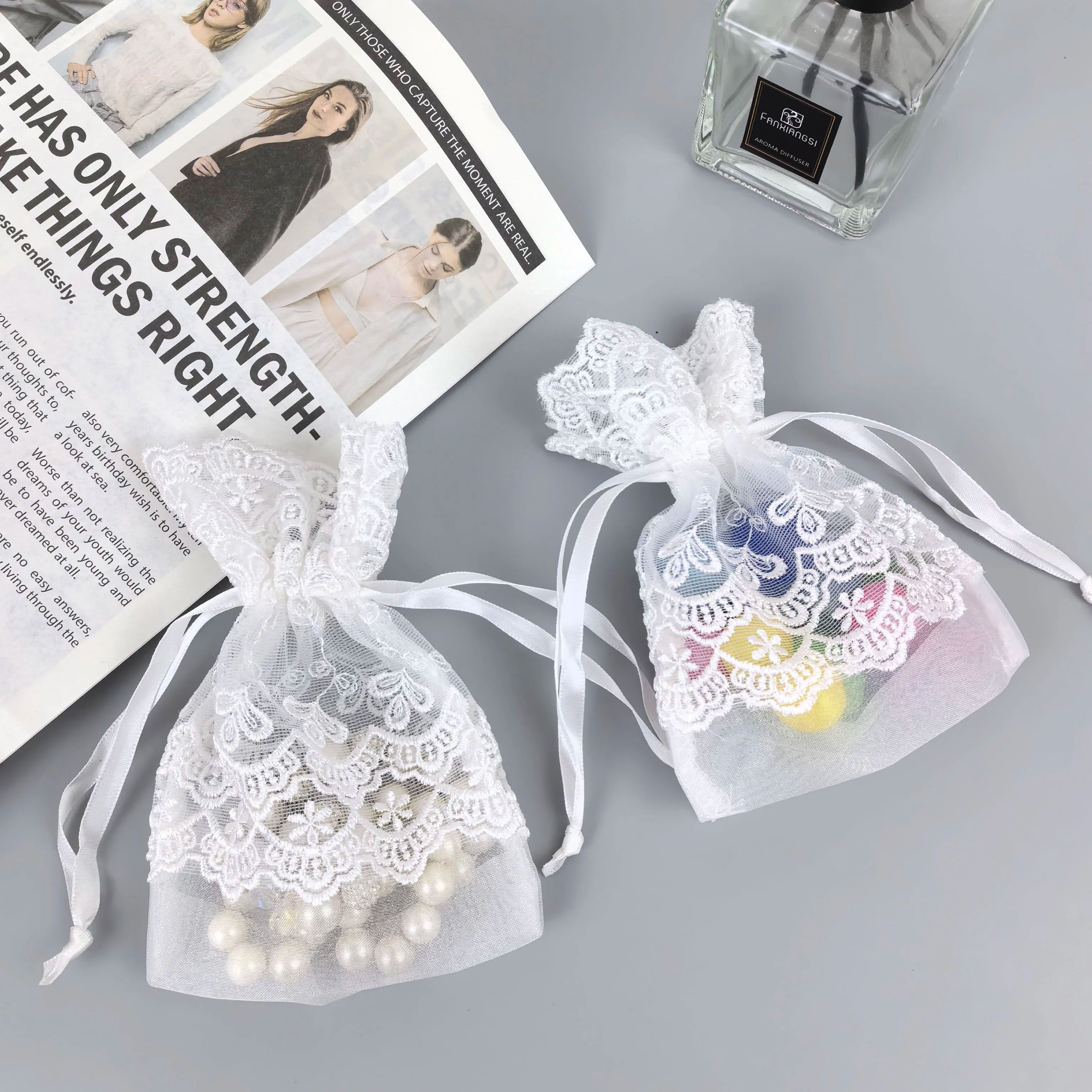 Lace Jewelry Bag Jewelry Candy Storage Pouch Sheer White  Mesh Drawstring Bag Gift Bags Pouches Craft Factory