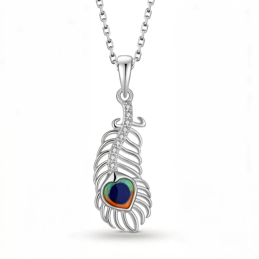 925 Sterling Silver Peacock Feather Pendant Necklace with Colorful Enamel Eye & Zircon Accents