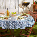 100% Polyester Blue Geometric Printed Water Repellant Washable Outdoor Party Decoration Round Ikat Tablecloth