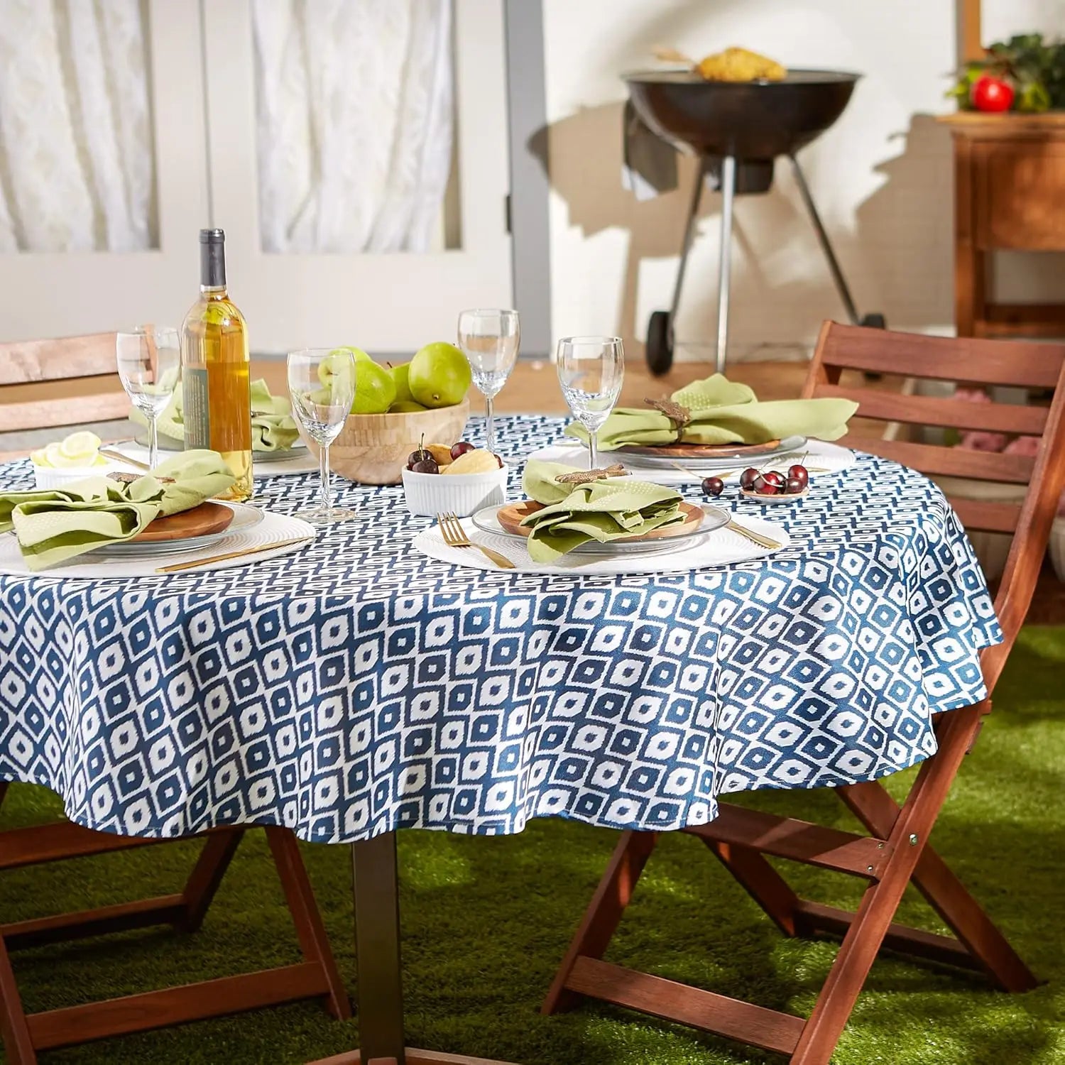 100% Polyester Blue Geometric Printed Water Repellant Washable Outdoor Party Decoration Round Ikat Tablecloth