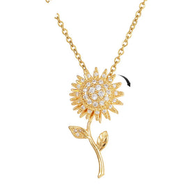 Zircon Flower Stainless Steel Chain Sunflower Spinner Relieve Stress Necklace Rotating Sunflower Charm Pendant Necklace