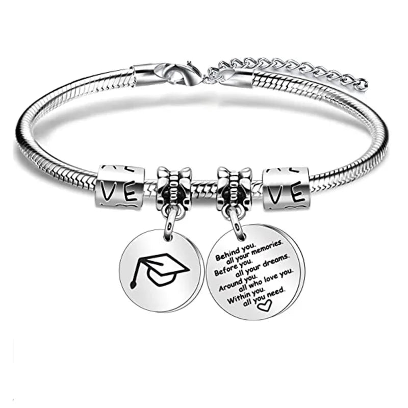 Graduation Decorations Class of 2023 Wristbands DIY Rainbow Charm Round Disc Engrave Snake Chain Charm Bracelet