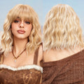 Factory Fast Delivery Natural Wavy Curly Hair Synthetic Bob Wigs Platinum Blonde Striped Synthetic Hair Glueless False Scalp