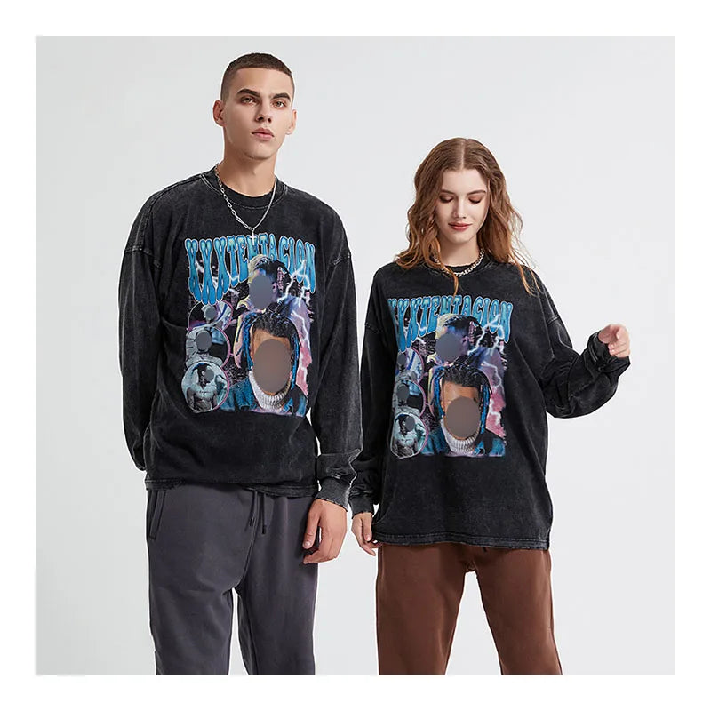 Factory Latest Long Sleeve Sublimation T-shirts Acid Wash Men's Custom T-shirts Hip Hop Style