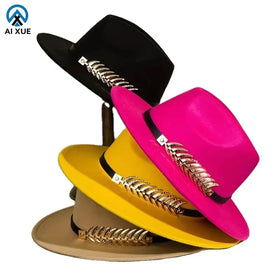 Unisex Classic Women's Panama Fedora Wool Felt Hat for Men Wide Brim Vintage Unisex Jazz Hat Ribbon Metal Leaves Woolen Outdoor