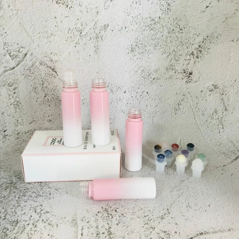 Wholesale 10ml Gradient Ombre White pink Roller on Glass Bottle With pink Rose Quartz Crystal Roller