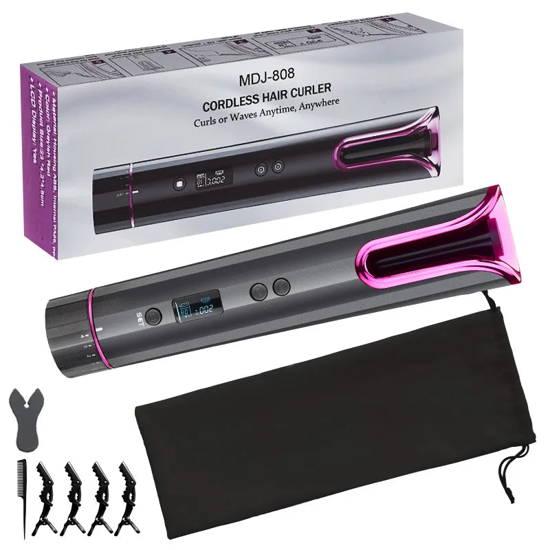 Rechargeable Hair Curler and Straightener Device Handset Rotating Hair Curler Curling Iron USB Cable LCD Ceramic PTC 80W MCH