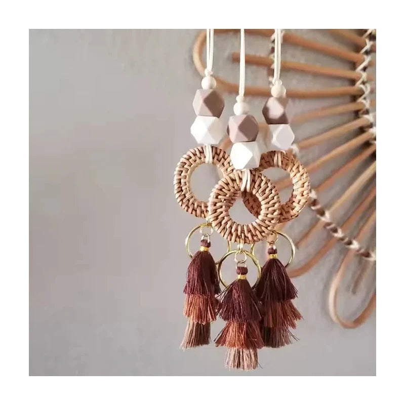 Boho Rattan Tassel LanyardNeutral Wood and Silicone Beaded Necklace Lanyard for ID Badge Keychain Accessories Gift