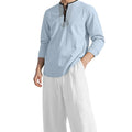 New Casual Long Sleeved Shirt Men's Beach Shirt European and American Cotton and Linen T-shirt Set