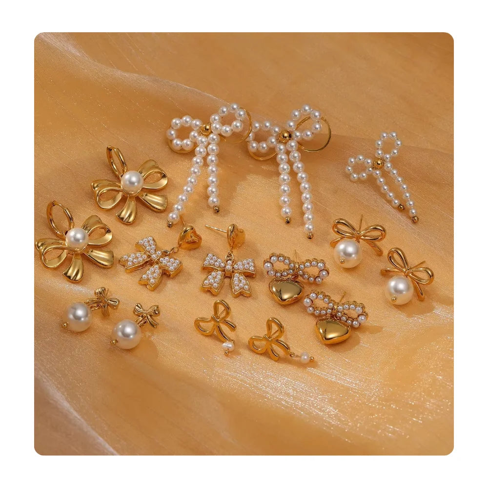 Boucle D'Oreille Wholesale Bulk Dangle Heart Waterproof Stainless Steel Jewelry Gold Bow Pearl Earrings Fashion Stud Earrings