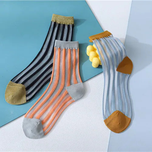 Fashionable Transparent Stripe Nlon Sexy Lace Women Mesh Sheer Socks in Summer