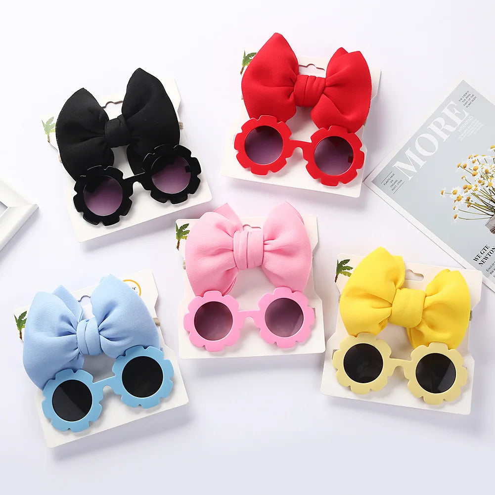 2022 Kids Sunglasses with Bow Headbands Solid Color Fashion Frames Blue White Yellow PC Material Wholesale for Summer Vacation
