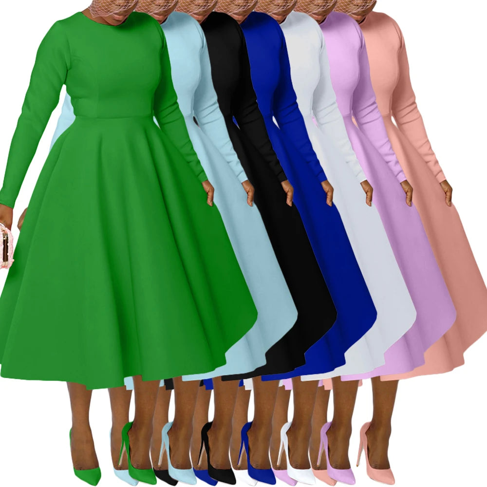 Elegant African High Waist Midi Dress for Women Plus Size Long Sleeve Pleated Big Swing Fall Dress with Digital Printing