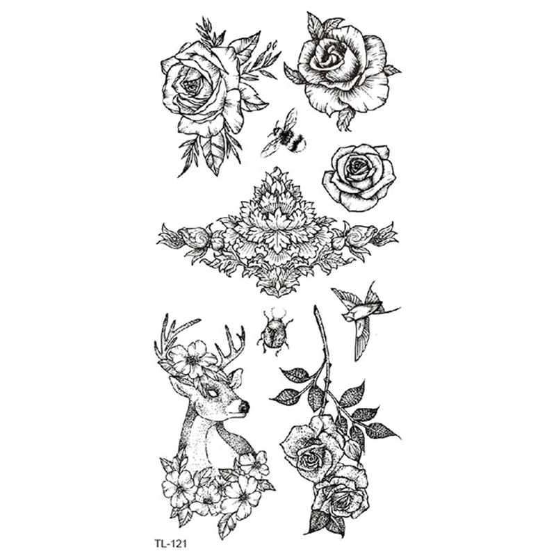 BXTAT TL121-TL126 Temporary Tattoo Stickers Black Deer Rose Sunflower Taraxacum Butterfly Angel Moon Animal Totem Paper Material