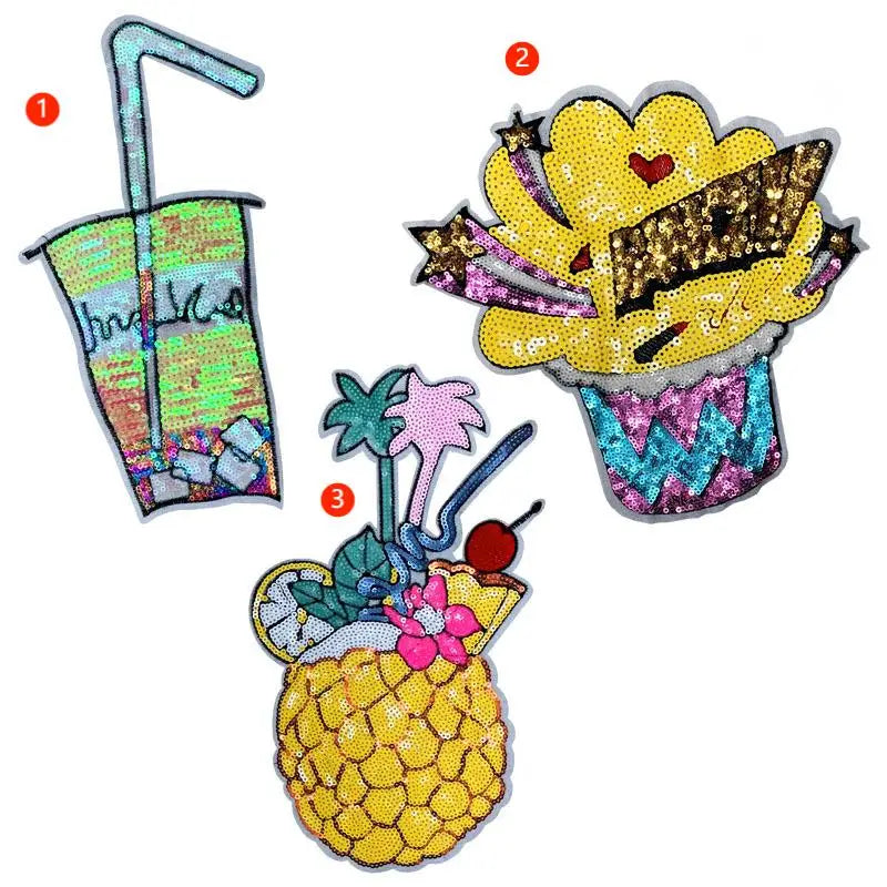 Sew on /Iron on Kawaii  Yellow Series Big Size Sequin Embroidery Pineapple Drinks Popcorn Patch for T-shirt Hoodies