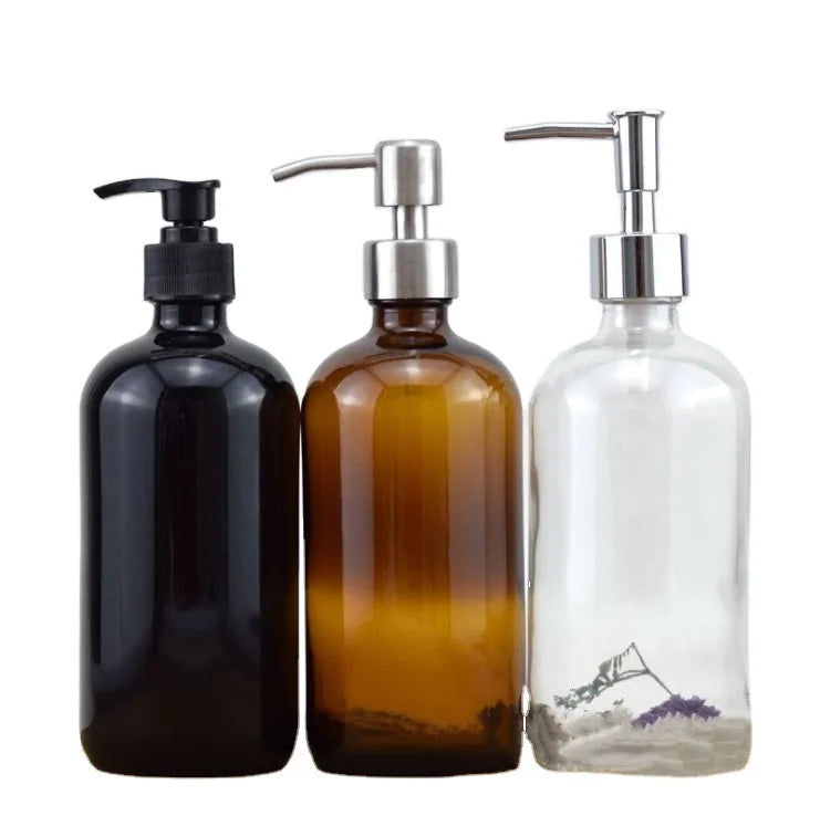Boston Round Glass Bottles 30ml 60ml 120ml 250ml 500ml 1000ml with Black Pump Dispenser Sealed with Pump Sprayer