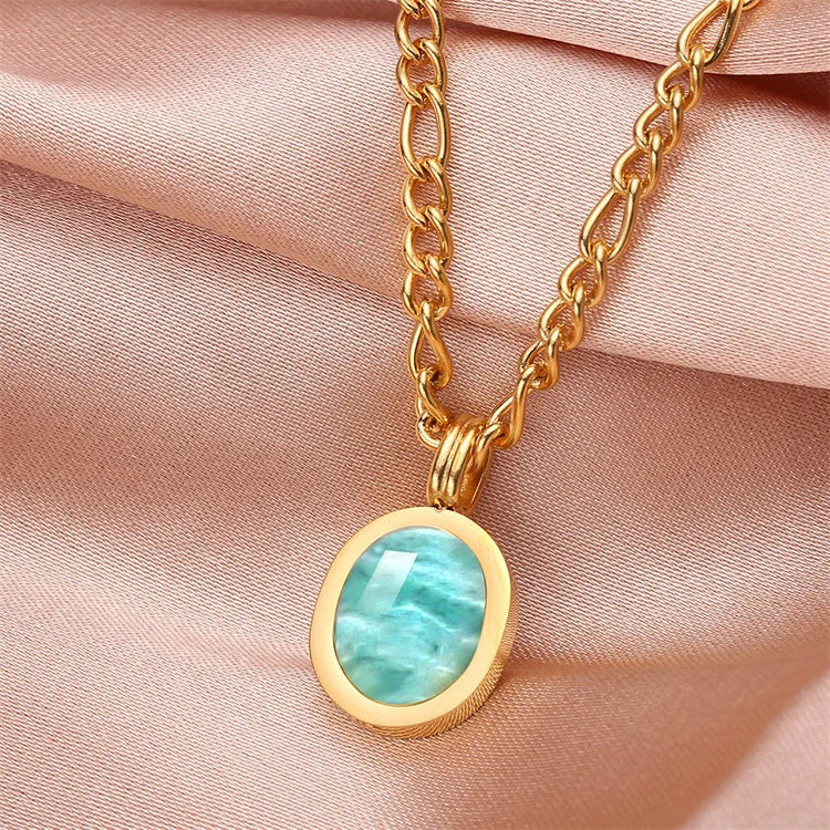 2023 New Oval Turquoise Stainless Steel 18K PVD Gold Pendant Necklace for Women